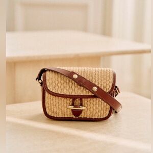 EUC Sezane Micro Milo Natural Textile Raffia and Brown Leather Bag Like New!